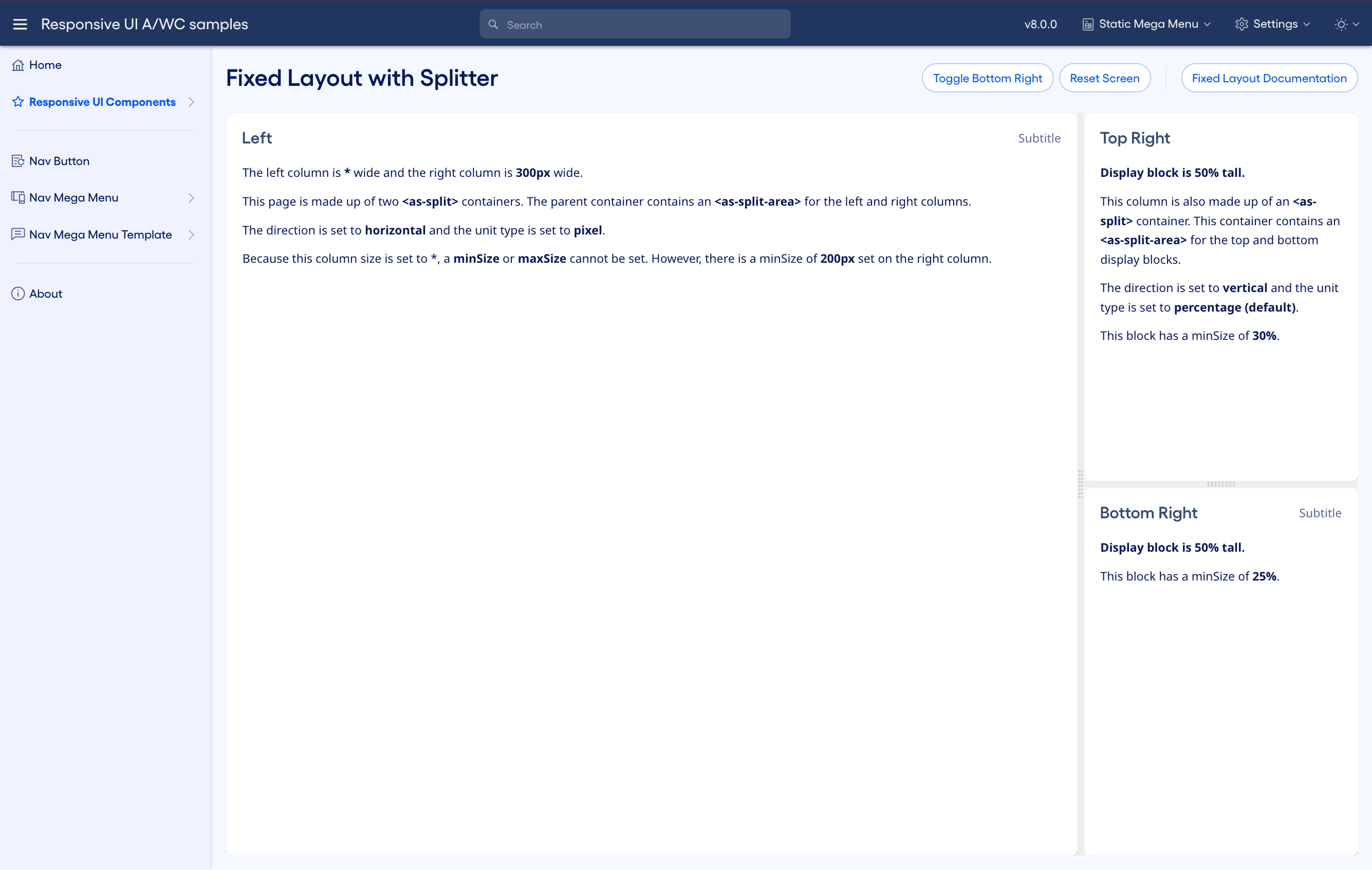 This is a fixed layout view that uses splitters