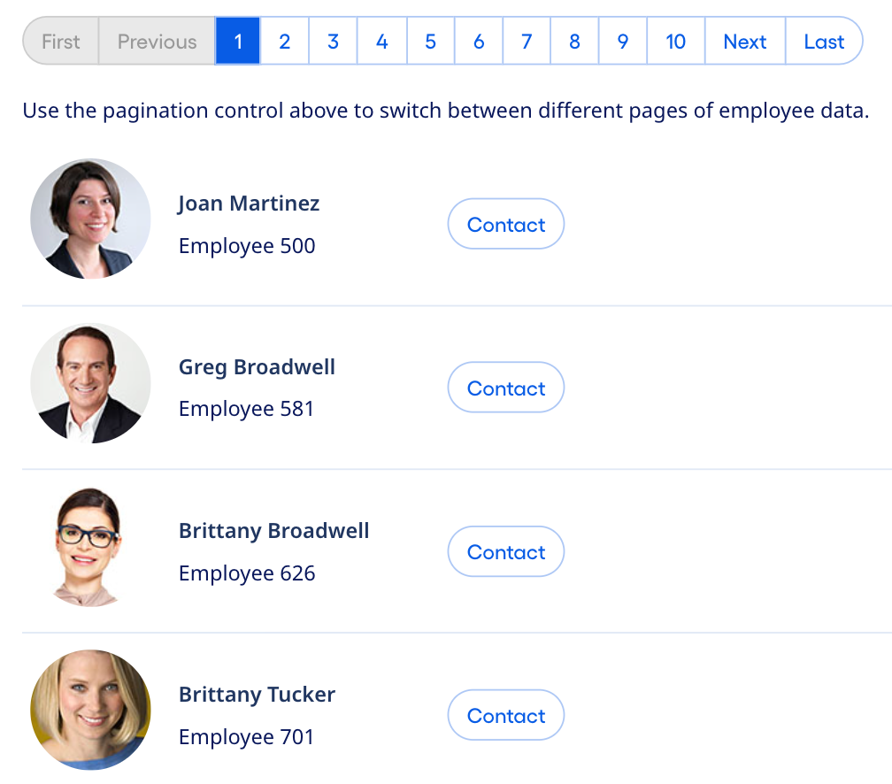 Data pagination with 10 pages shown, along with Previous and Next buttons for moving through the set of pages