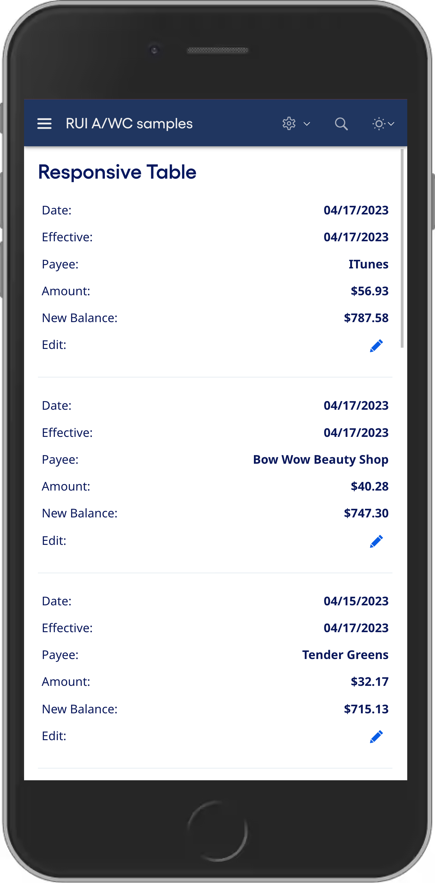 Responsive table at mobile size