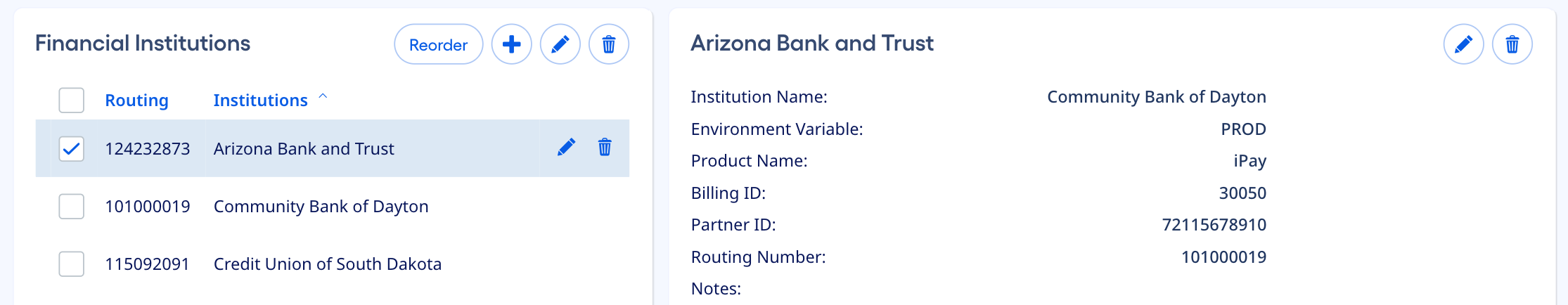 A grid master list that offers multiple selection, sorted by institution name