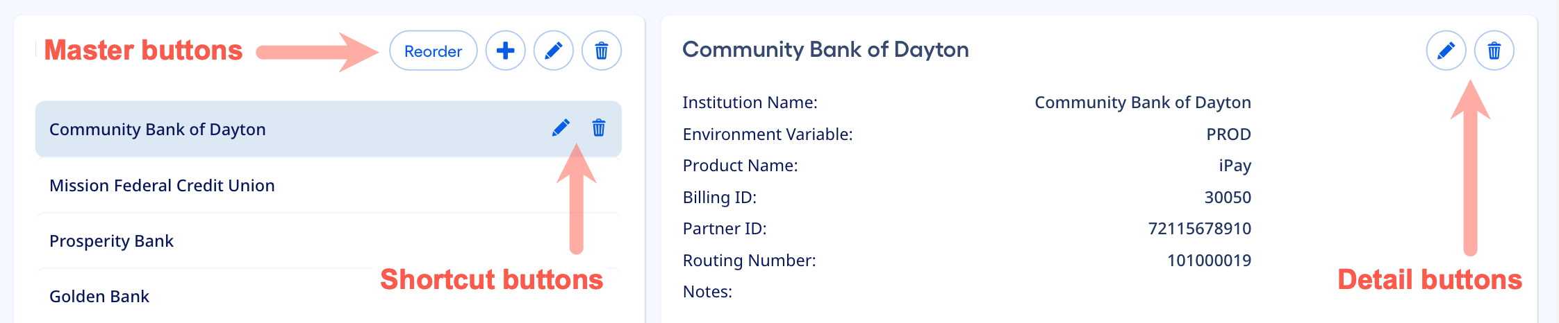 Master, shortcut, and detail buttons