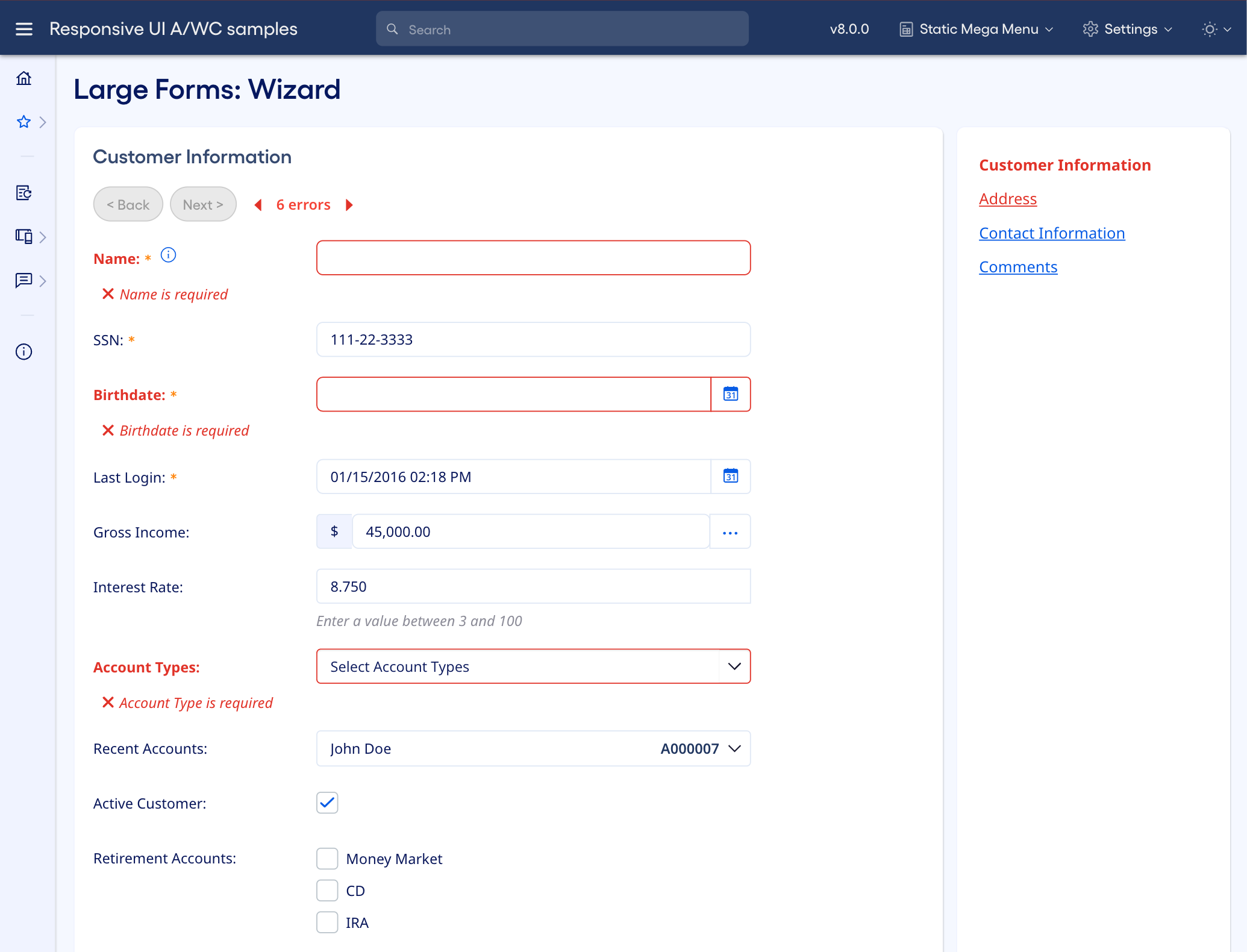 Large form that uses a wizard shown with validation errors