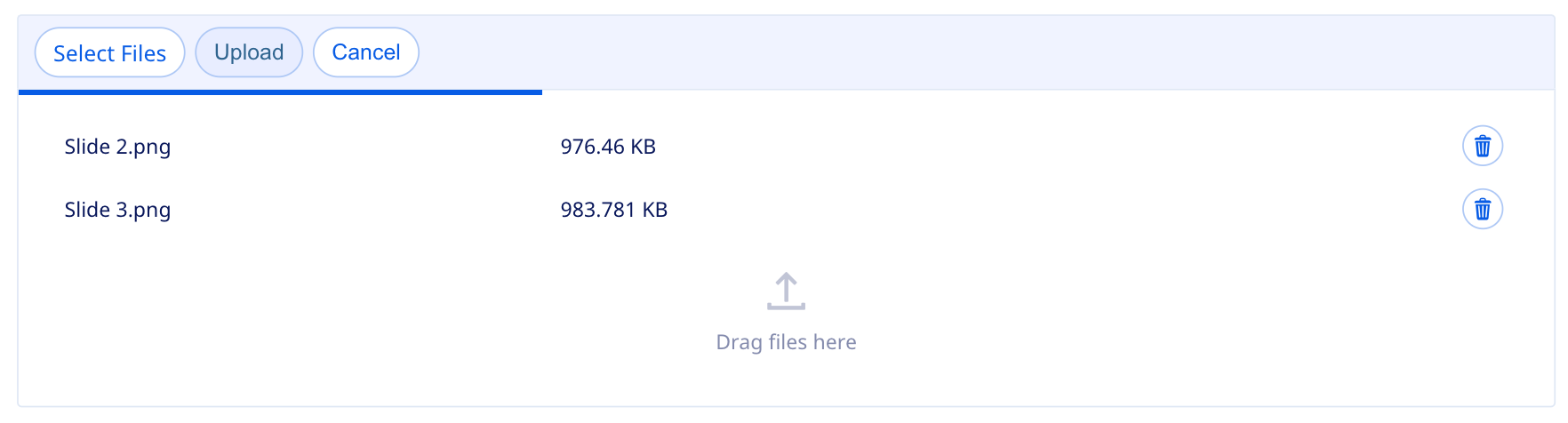 The standard file upload displays a progress bar as the files upload