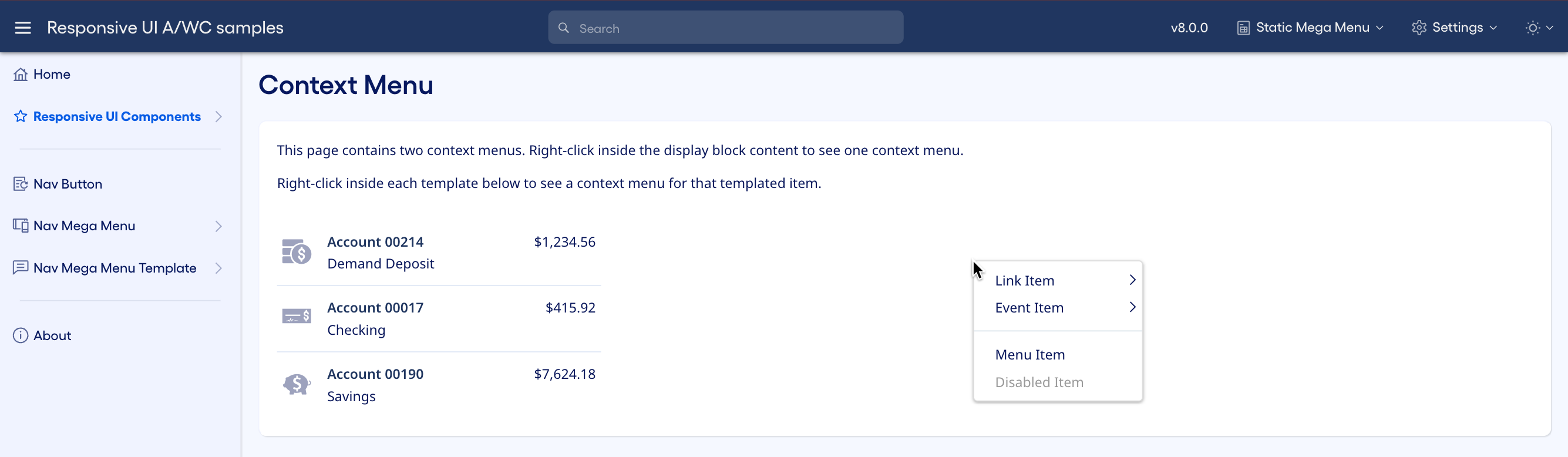 Context menu that displays when you right-click the display block background