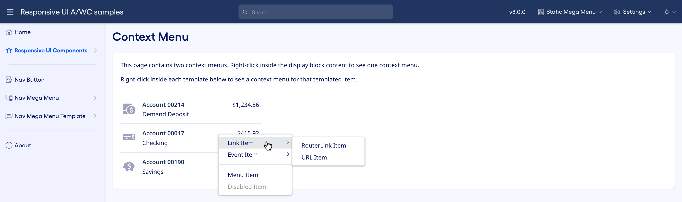 A second context menu displays when you right-click an element in the templated list