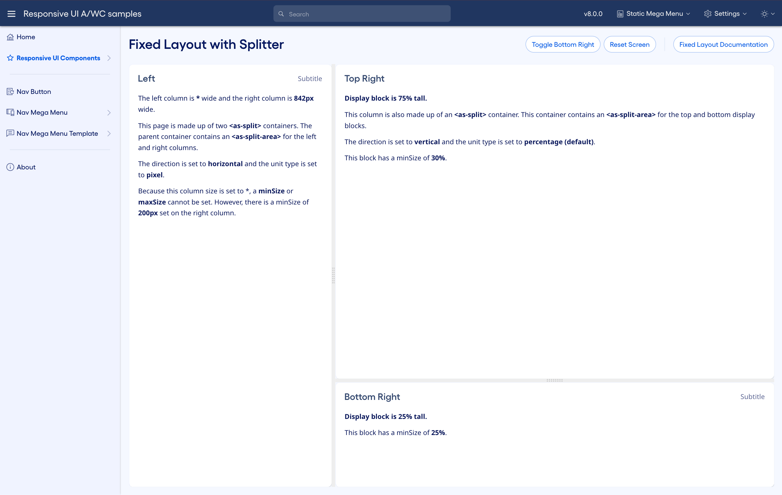 This is the same view, after the user dragged both splitters to resize the display block layout