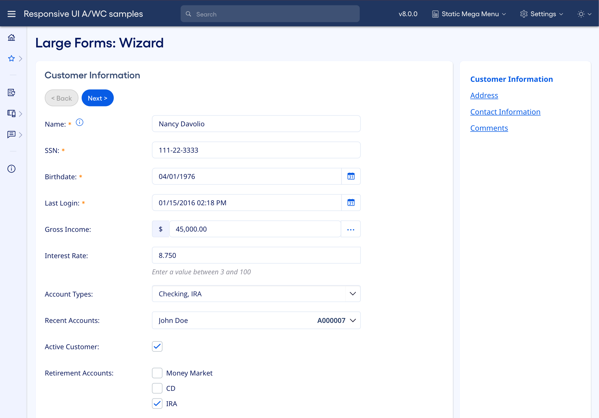 Large form that uses a wizard